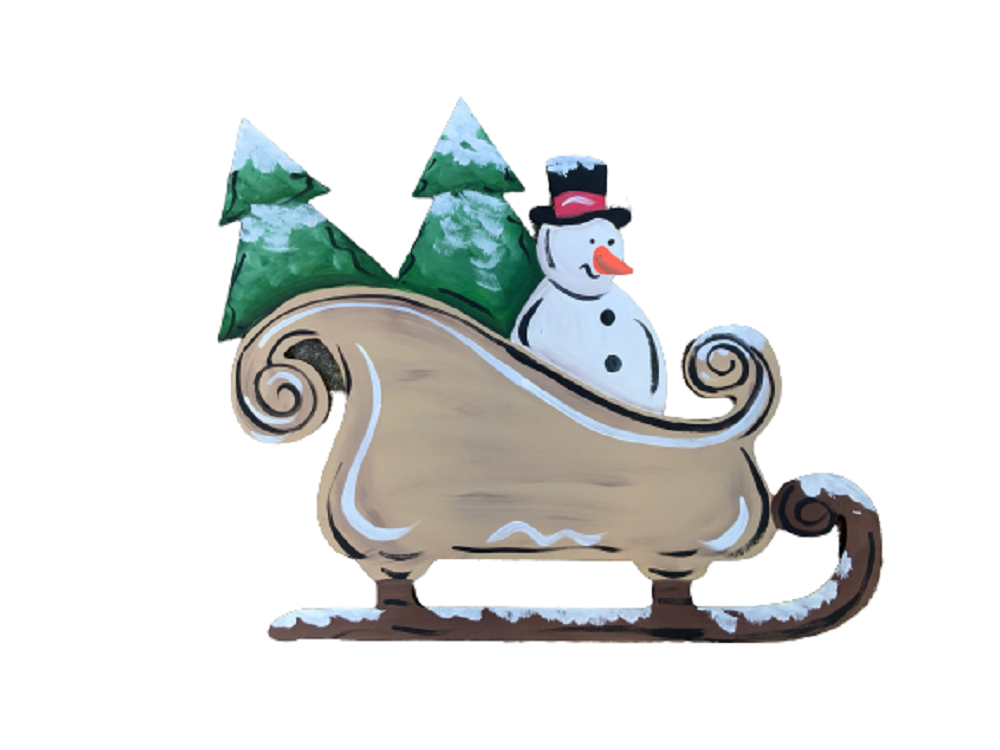 Design By Line Sleigh MDF Cutout Snowman With Pine Trees - Unfinished For DIY