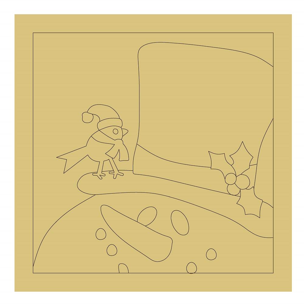 Design By Line Square MDF Cutout Bird On Snowman Scene With Holly - Unfinished For DIY