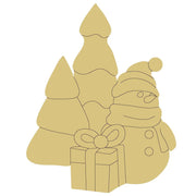 Design By Line Snowman MDF Cutout Holiday Scene With Gift And Trees - Unfinished For DIY