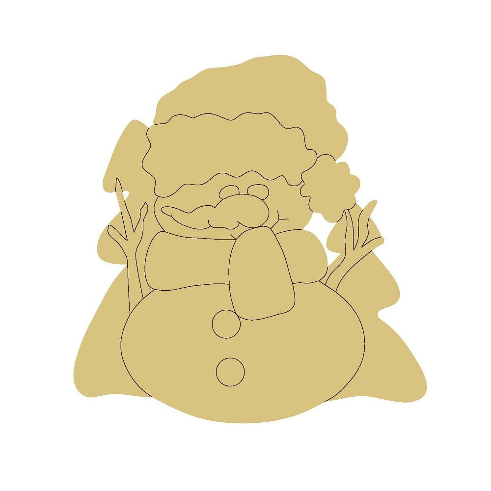 Design By Line Snowman MDF Cutout With Trees - Unfinished For DIY