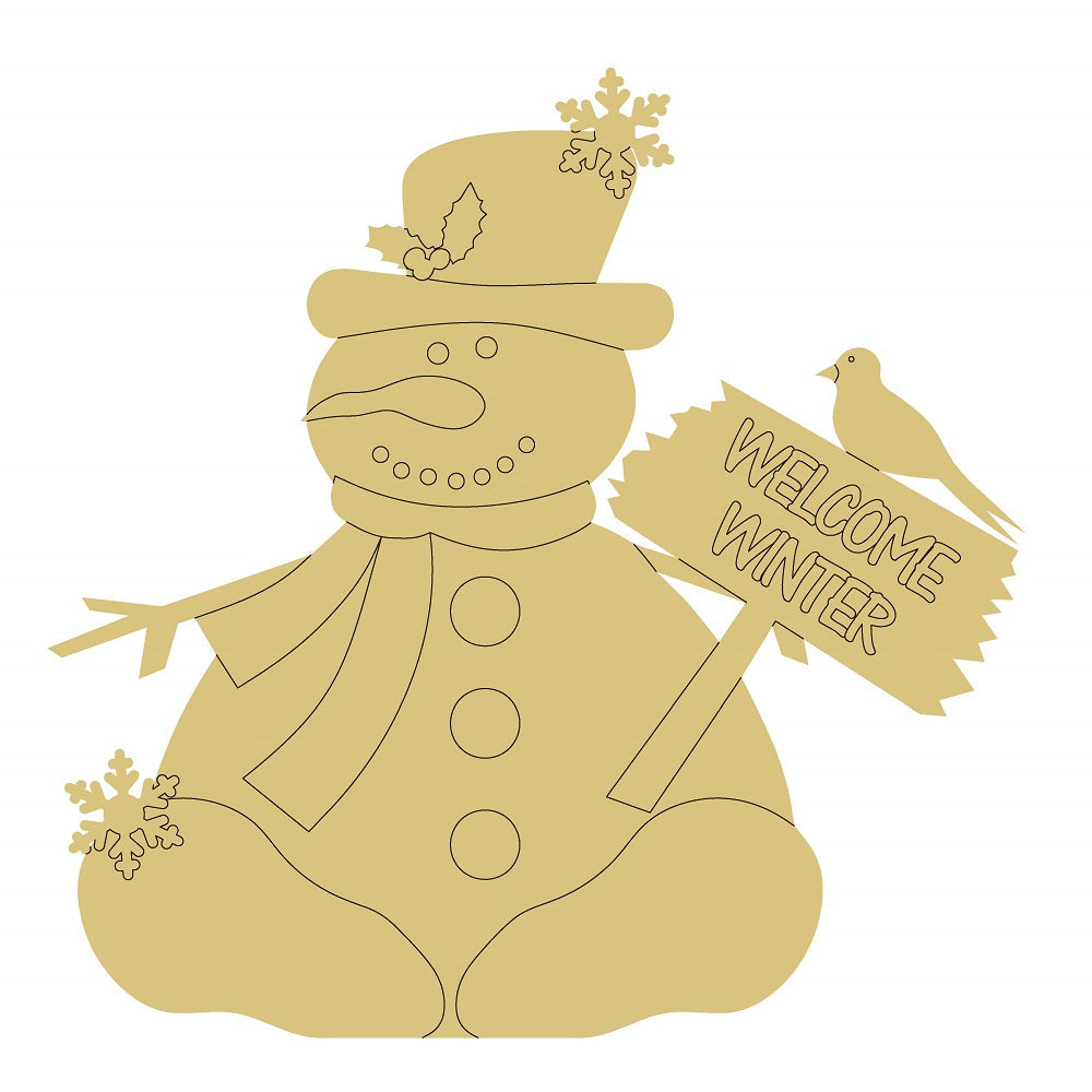 Design By Line Snowman MDF Cutout Welcome Winter Sign With Bird - Unfinished For DIY