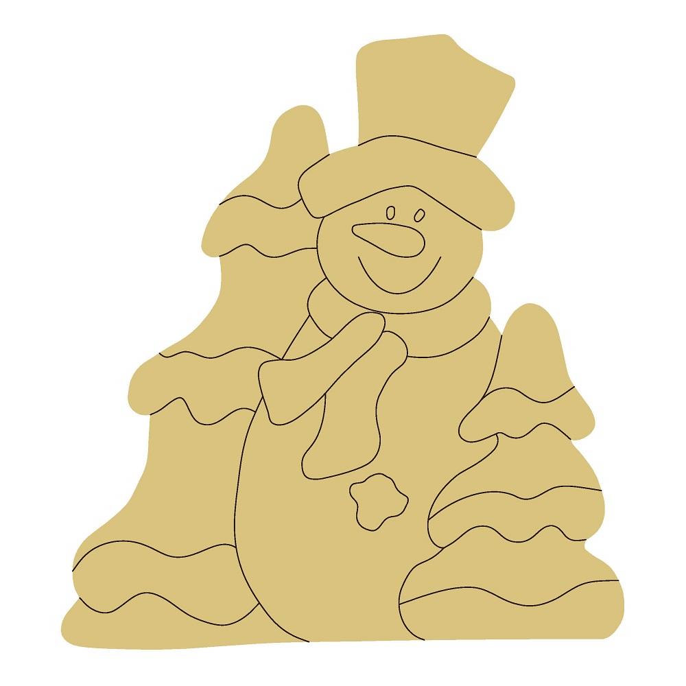 Design By Line Snowman MDF Cutout Winter Scene With Hat And Scarf Among Pine Trees - Unfinished For DIY