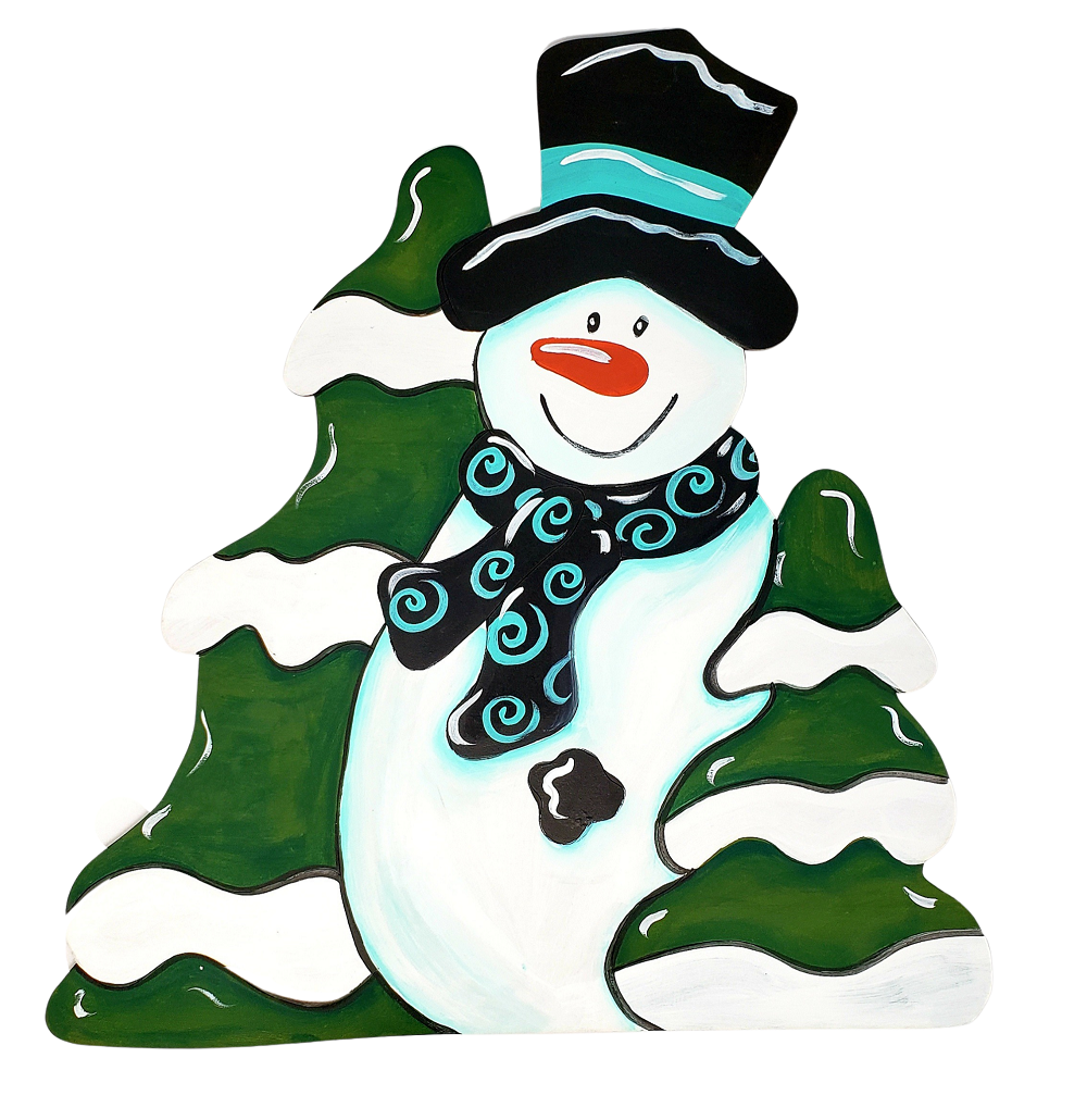 Design By Line Snowman MDF Cutout Winter Scene With Hat And Scarf Among Pine Trees - Unfinished For DIY