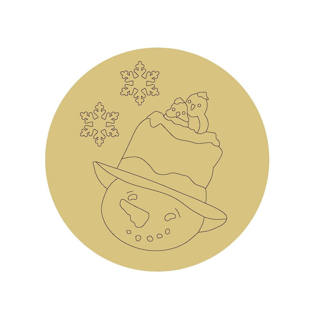 Design By Line Round MDF Cutout Snowman Head With Hat And Snowflakes - Unfinished For DIY