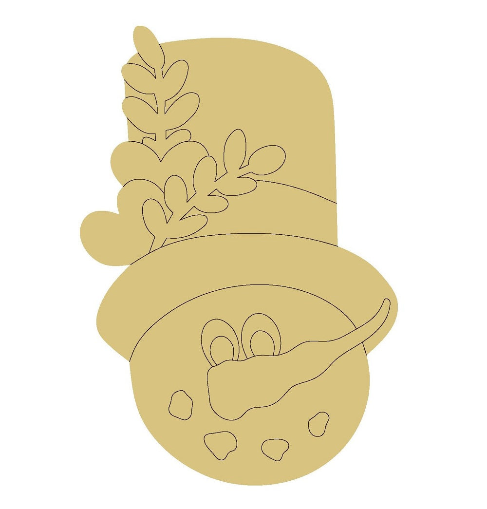 Design By Line Snowman Head MDF Cutout Top Hat With Laurel Sprig - Unfinished For DIY