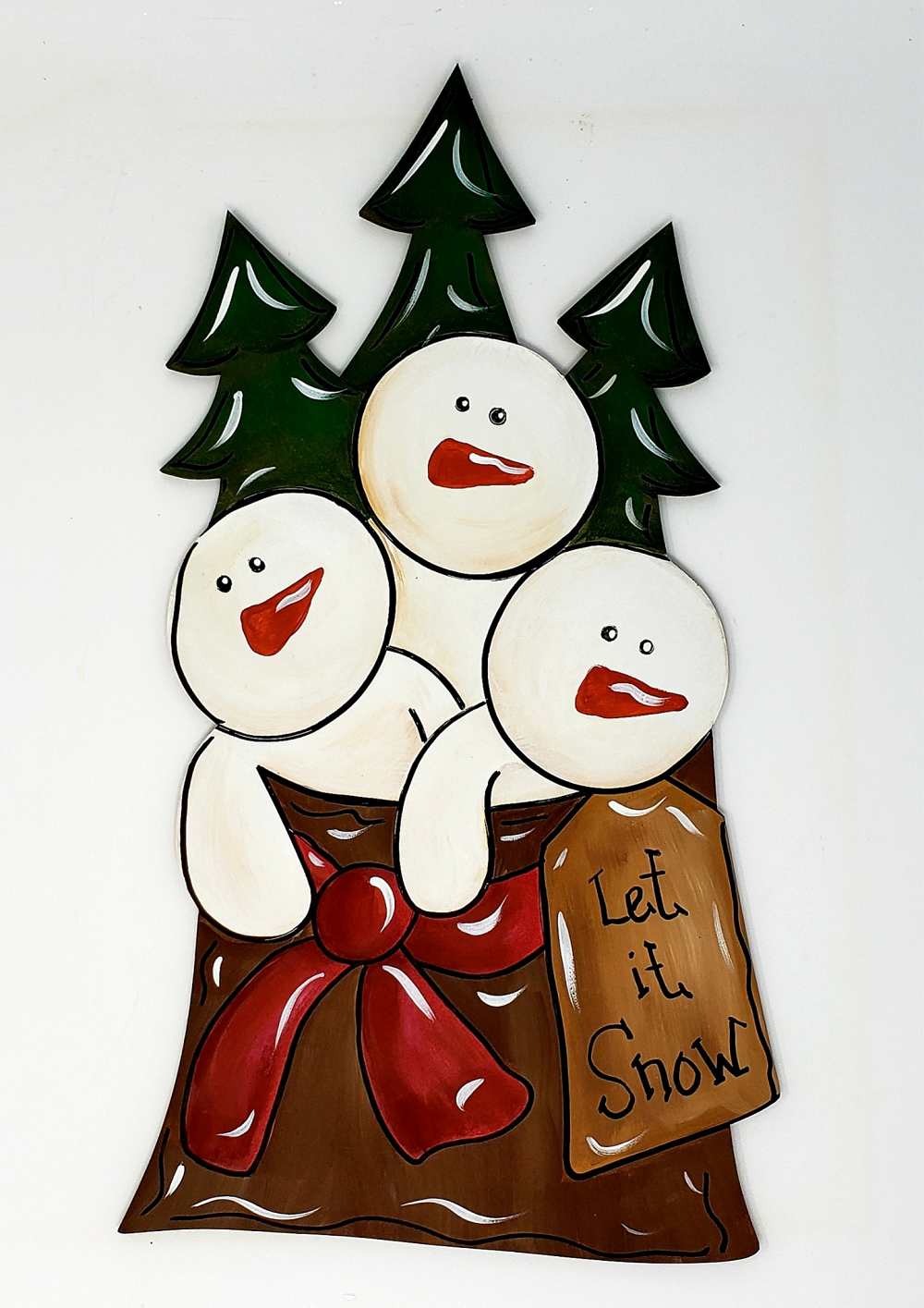 Design By Line Snowman In Bag MDF Cutout With Pine Trees And Ribbon Bow - Unfinished For DIY
