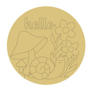 Design By Line Round MDF Cutout Hello Mushroom Snail Floral Scene - Unfinished For DIY
