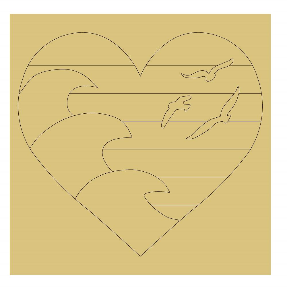 Design By Line Square MDF Cutout Heart Seascape With Waves And Seagulls - Unfinished For DIY
