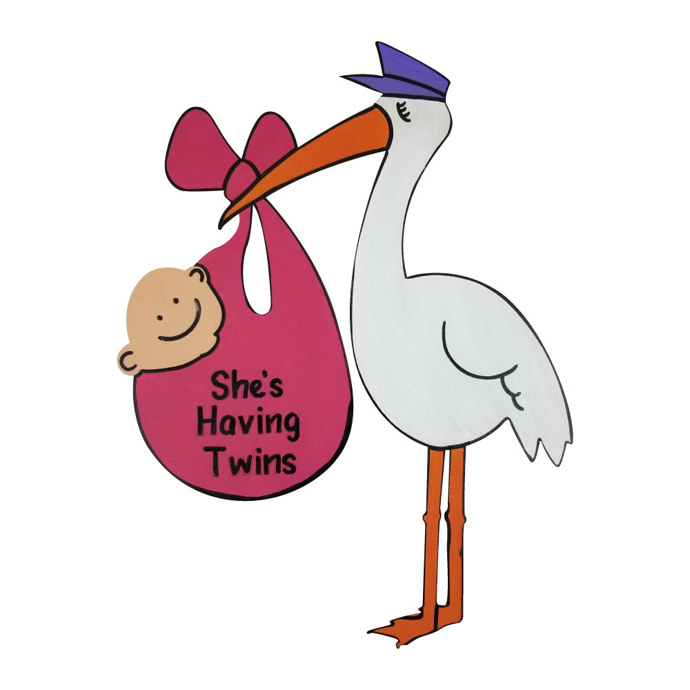 Design By Line Round MDF Cutout She's Having Twins Stork And Baby Silhouette - Unfinished For DIY