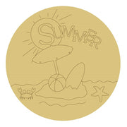 Design By Line Round MDF Cutout Summer Beach Scene With Umbrella Ball Crab And Starfish - Unfinished For DIY