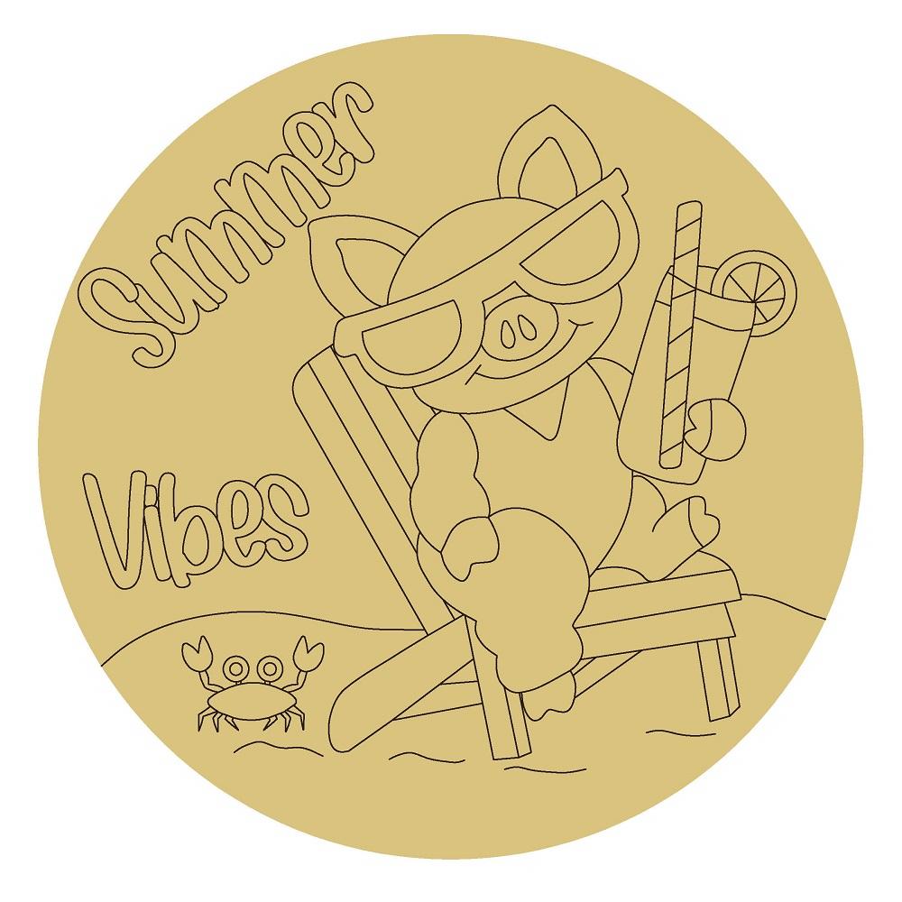 Design By Line Round MDF Cutout Summer Vibes Pig On Beach Chair With Sunglasses Holding Drink - Unfinished For DIY