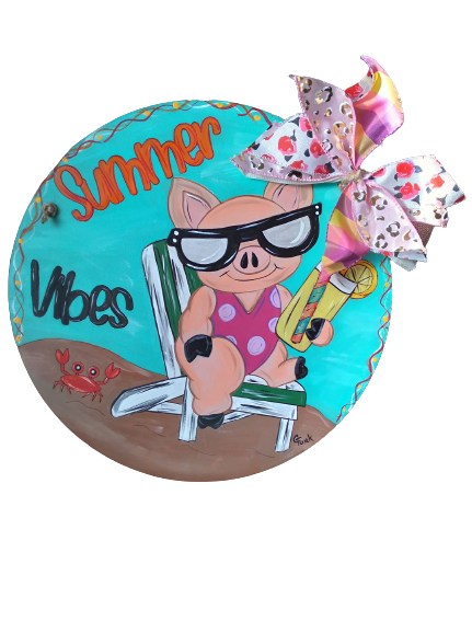Design By Line Round MDF Cutout Summer Vibes Pig On Beach Chair With Sunglasses Holding Drink - Unfinished For DIY