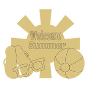 Design By Line Sunburst MDF Cutout Welcome Summer Beach Scene SUnglasses, Flip Flops, Beach Ball - Unfinished For DIY