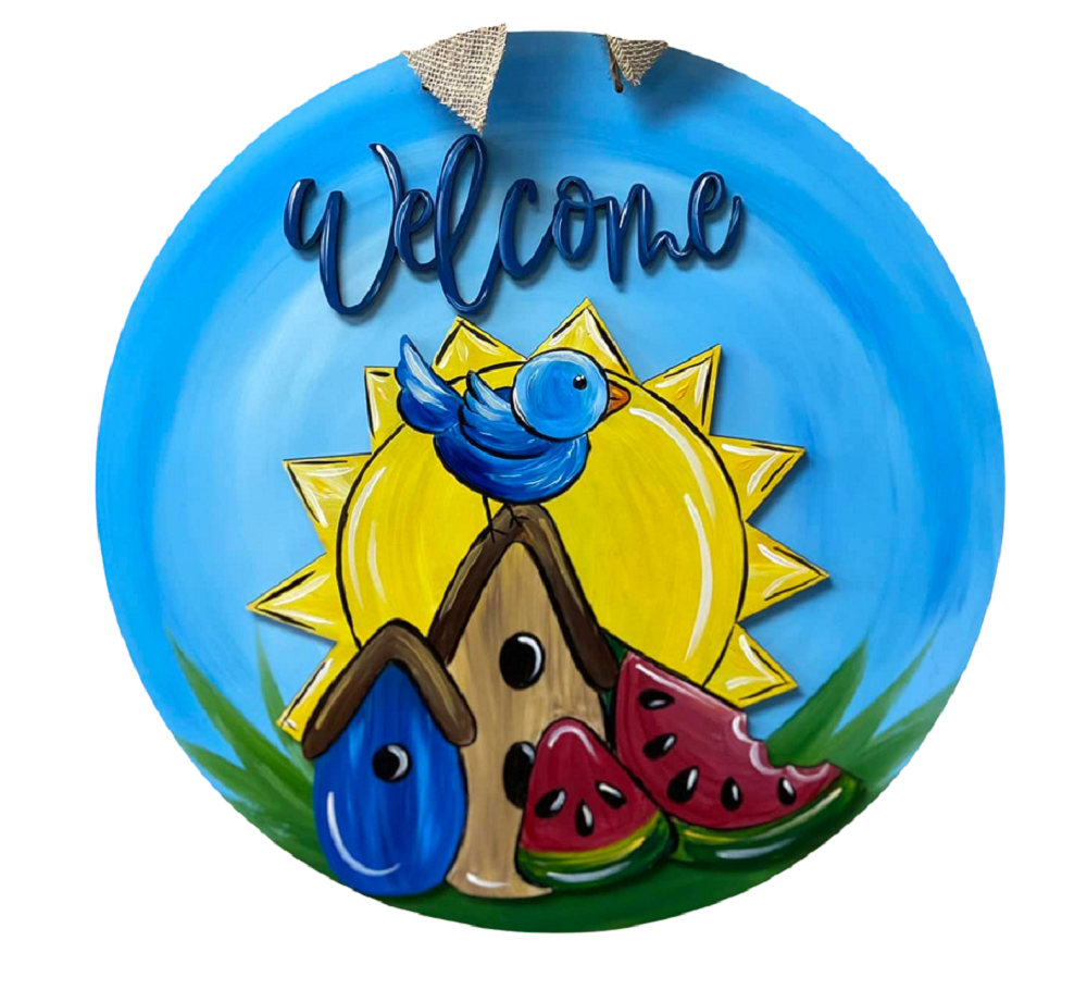3D Design By Line MDF Cutout With Bird, Birdhouse, Sun And Watermelon - Unfinished For DIY