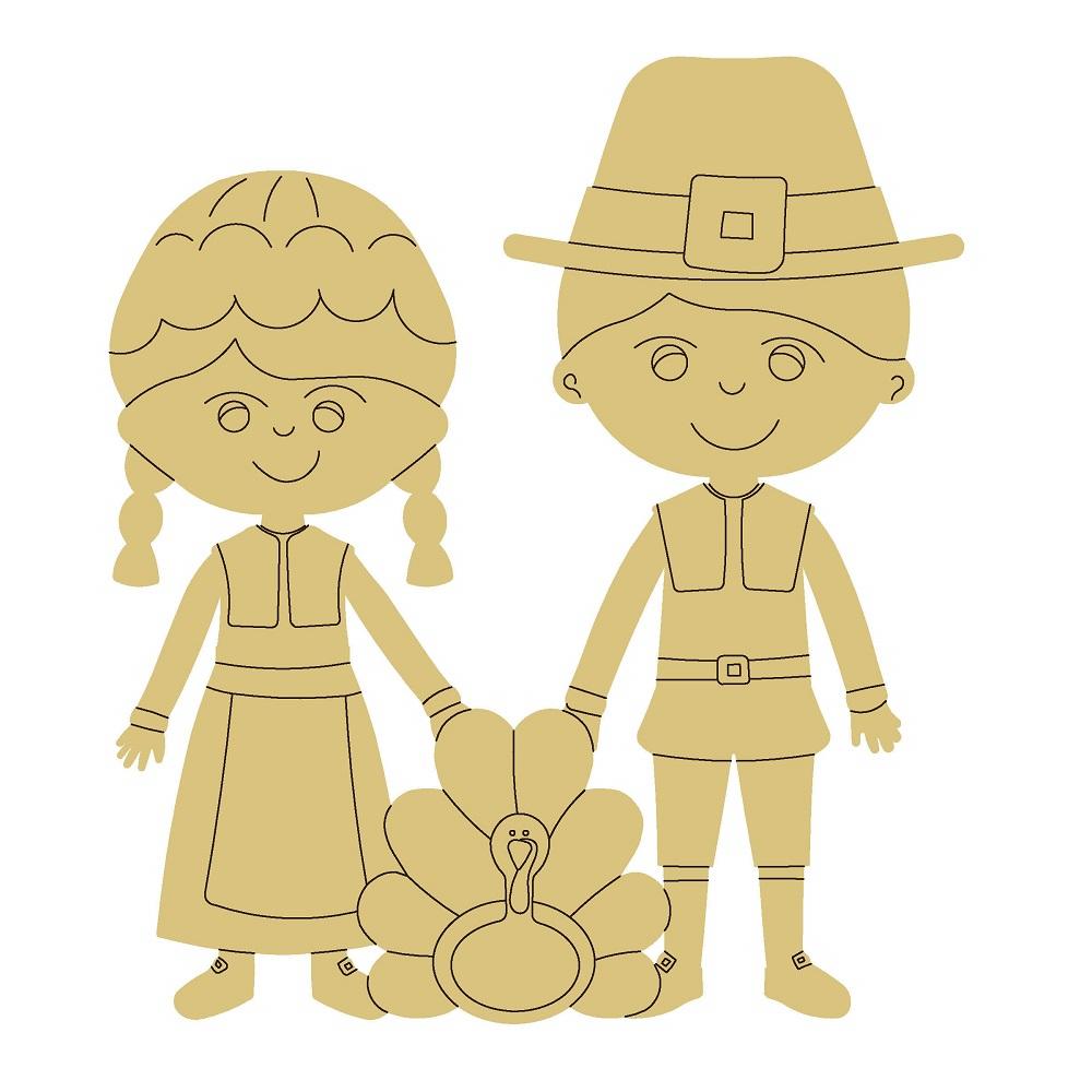 Design By Line Couple MDF Cutout Pilgrims With Turkey - Unfinished For DIY