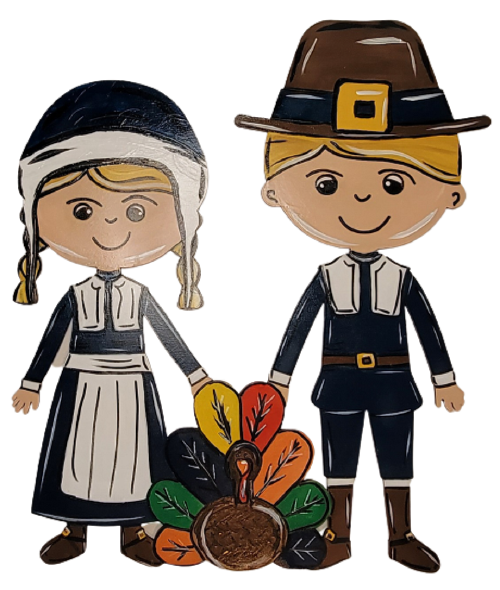 Design By Line Couple MDF Cutout Pilgrims With Turkey - Unfinished For DIY
