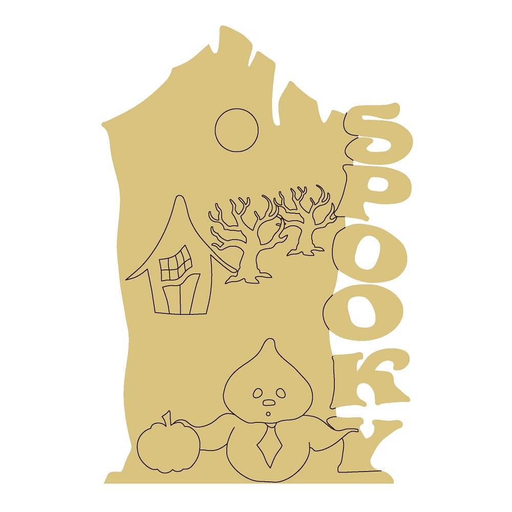 Design By Line Tombstone MDF Cutout Spooky House & Trees Halloween Scene With Moon, Pumpkin And Scarecrow - Unfinished For DIY