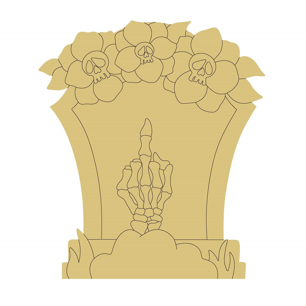 Design By Line Tombstone MDF Cutout Skeleton Hand Middle Finger With Floral Skull Accents - Unfinished For DIY