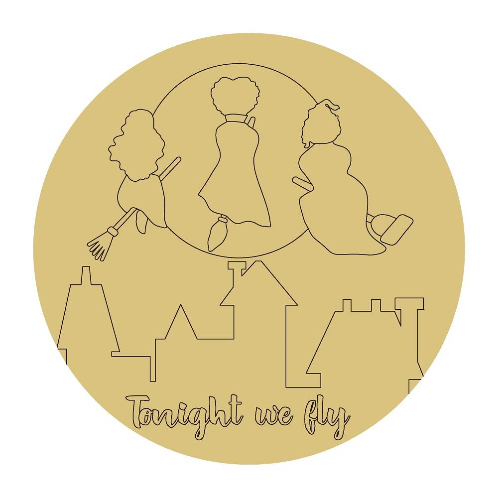 Design By Line Round MDF Cutout Tonight We Fly Witch Silhouette - Unfinished For DIY