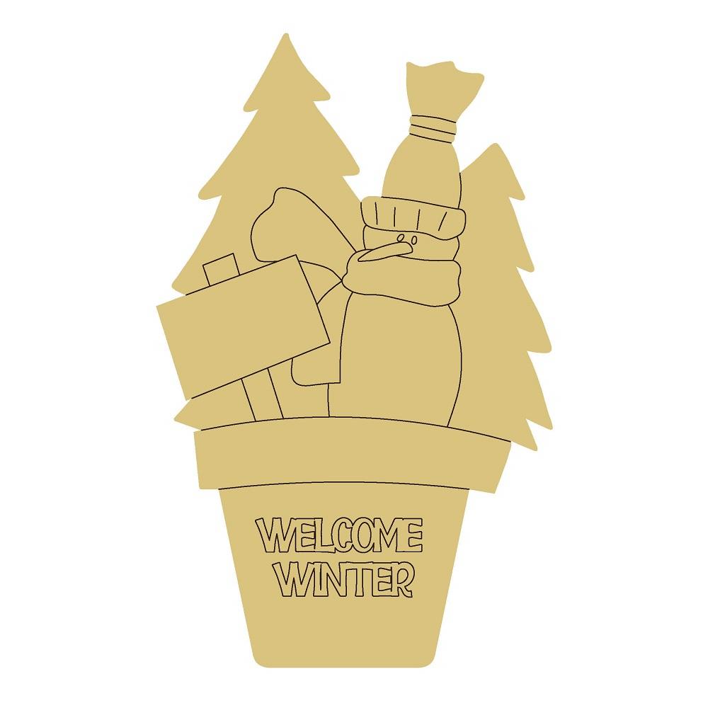 Design By Line Pot MDF Cutout Welcome Winter Trees Snowman and Sign  - Unfinished For DIY