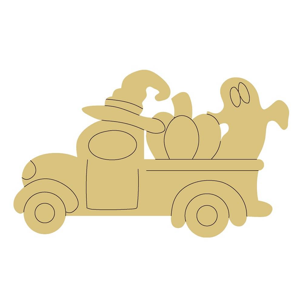 Design By Line Truck MDF Cutout Halloween Scene With Pumpkins And Ghost In Truck Bed - Unfinished For DIY