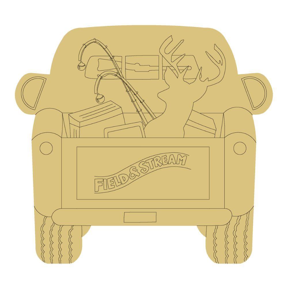 Design By Line Pickup Truck MDF Cutout Field & Stream Logo With Deer Silhouette And Fishing Rods - Unfinished For DIY