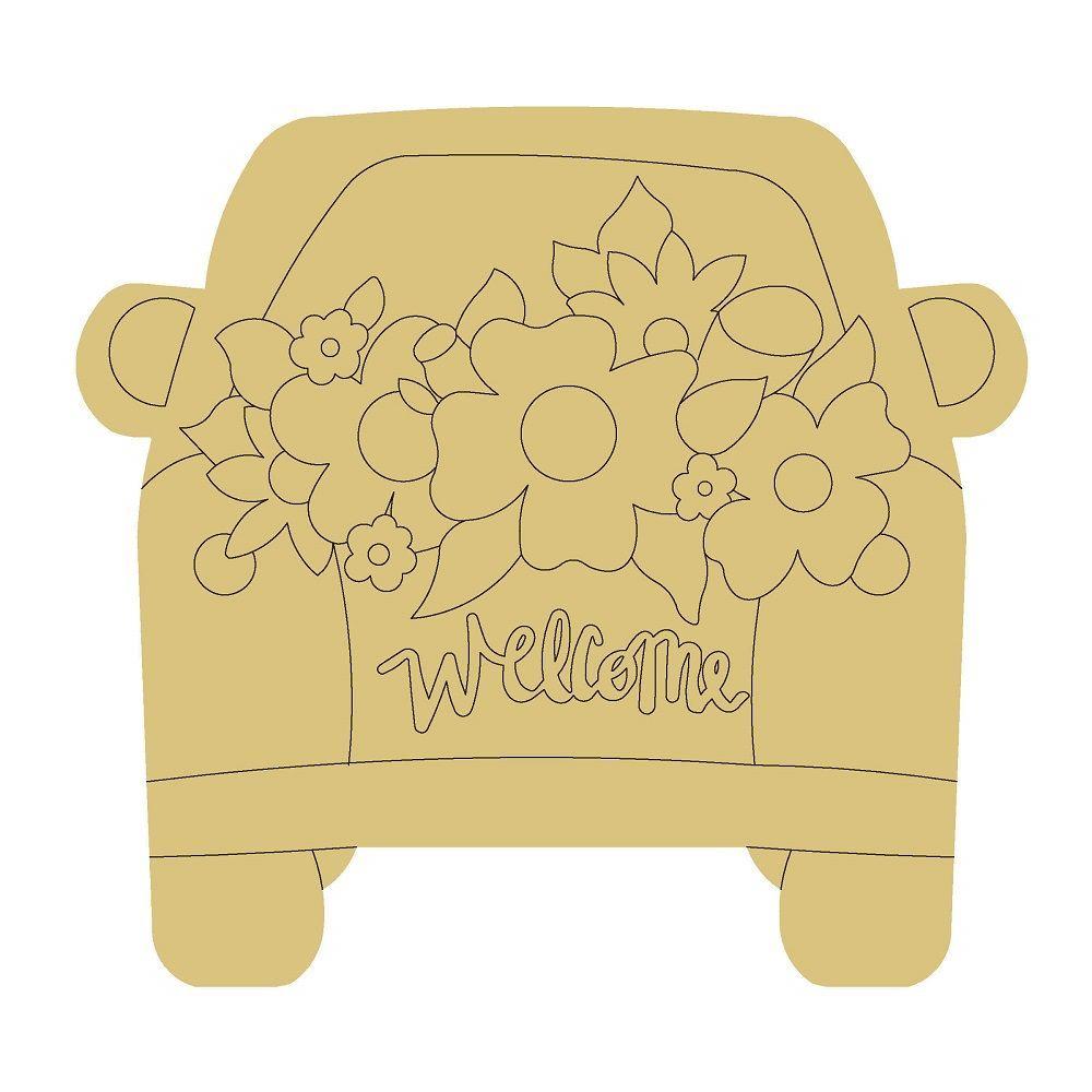 Design By Line Truck MDF Cutout Floral Bouquet With Welcome Script - Unfinished For DIY