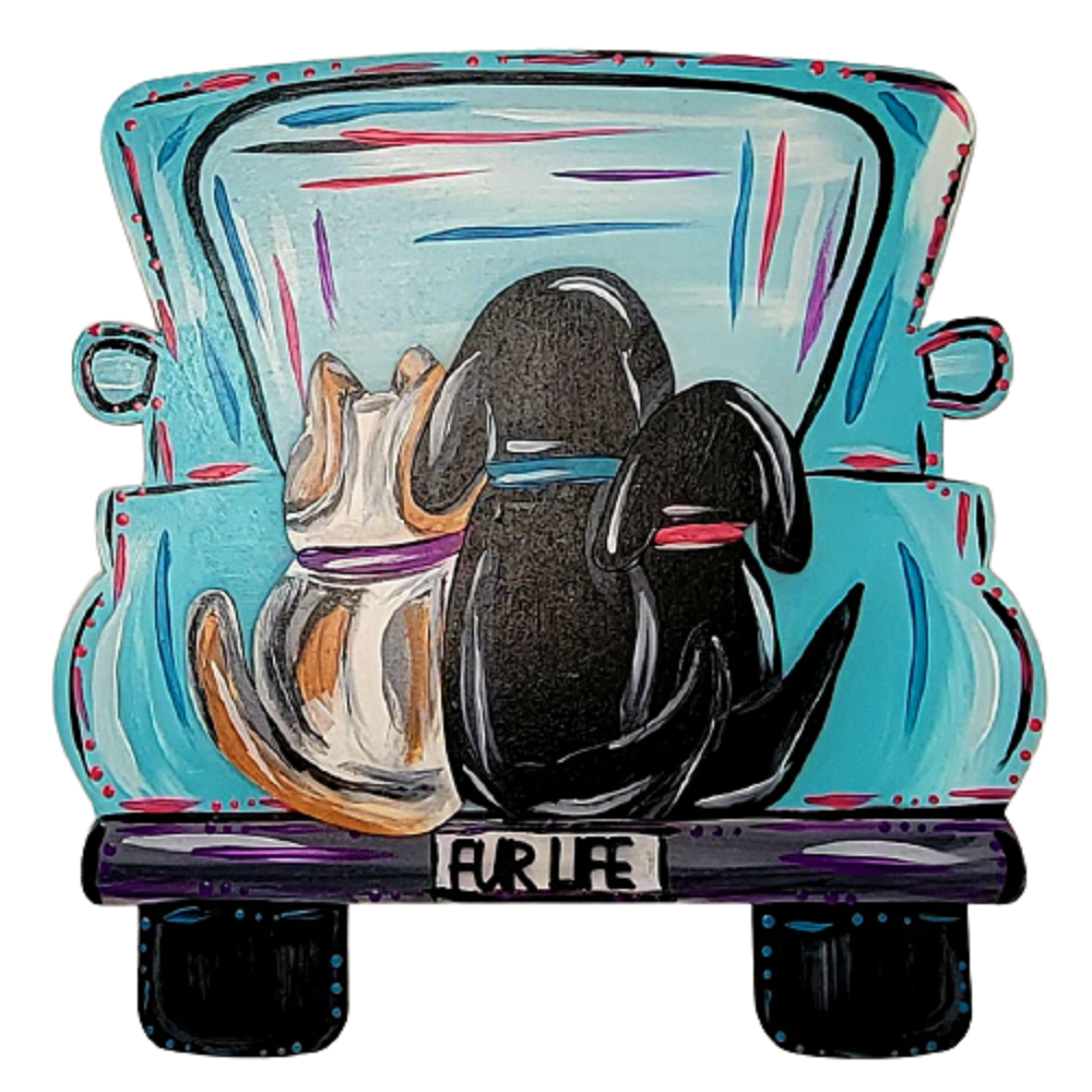 3D Design By Line Back Of a Truck MDF Cutout With Two Dogs And Fur Life Plaque - Unfinished For DIY