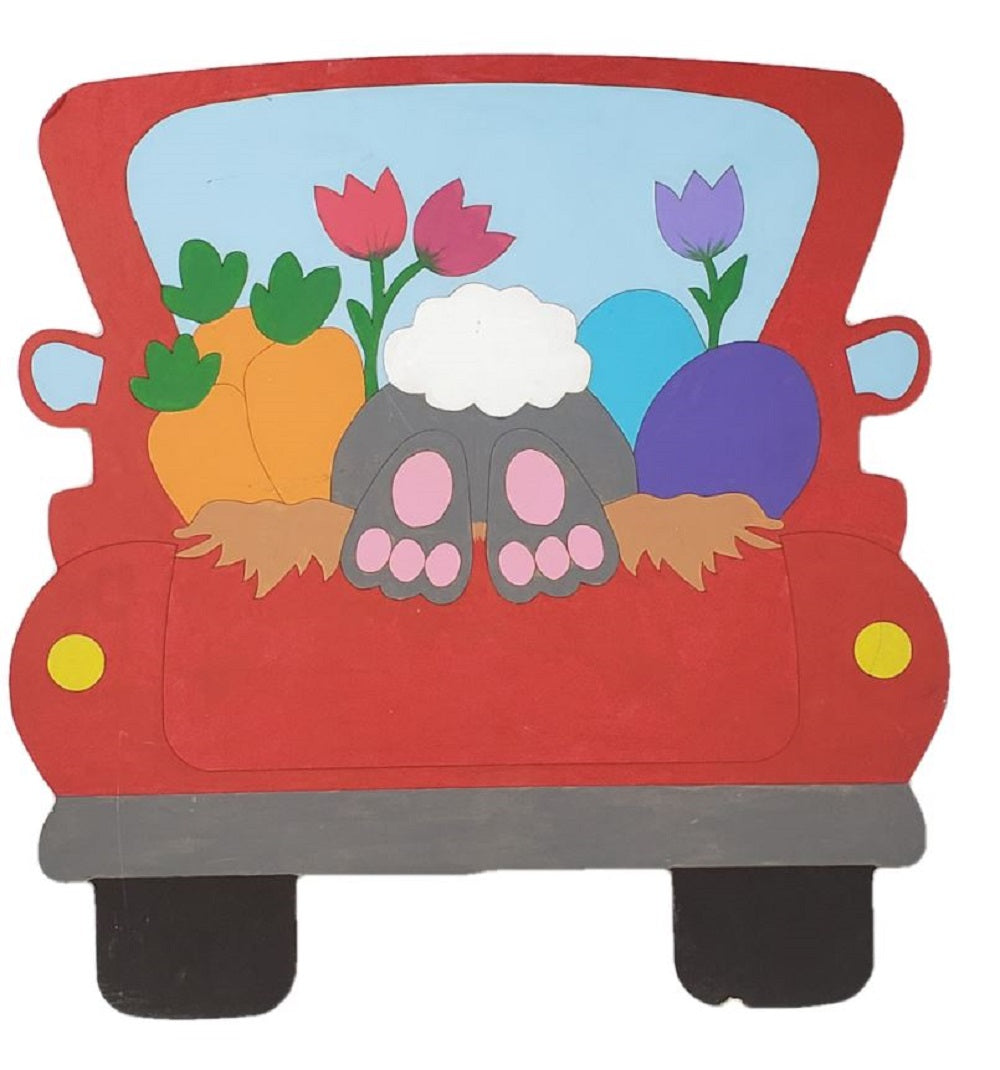 3D Design By Line Back Of a Truck MDF Cutout Easter Bunny, Carrots And Easter Eggs - Unfinished For DIY
