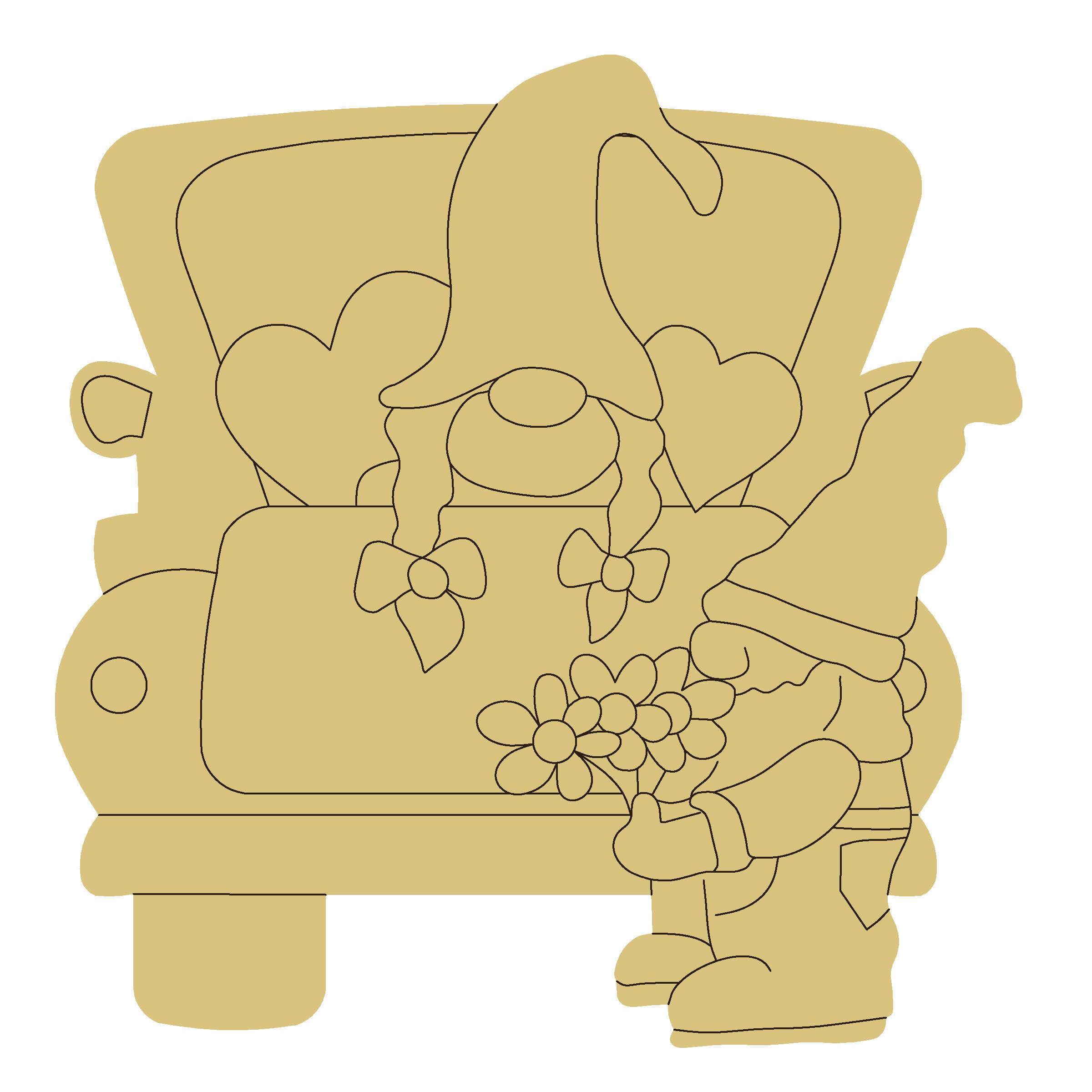 Design By Line Gnome MDF Cutout Holding Flowers Beside Chair - Unfinished For DIY