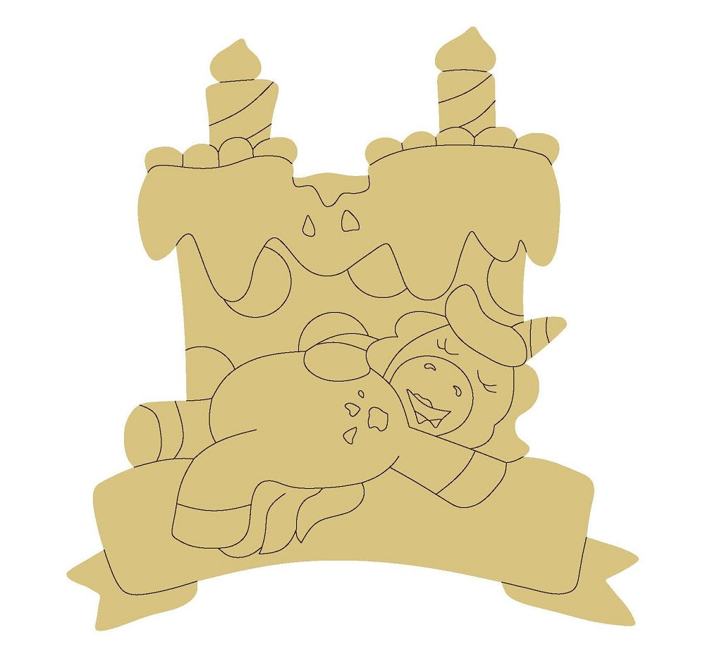 Design By Line Birthday Cake MDF Cutout With Unicorn - Unfinished For DIY
