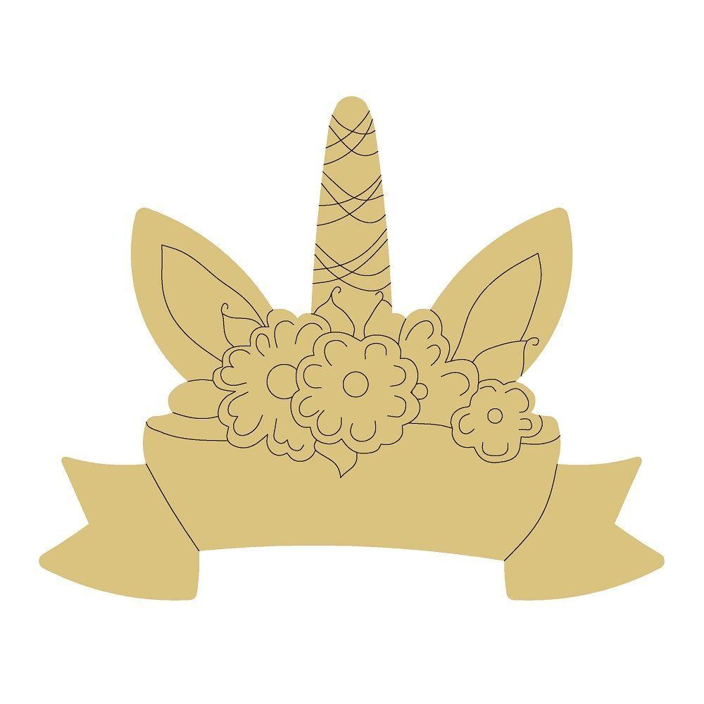 Design By Line Unicorn Head MDF Cutout Floral Bouquet With Banner - Unfinished For DIY