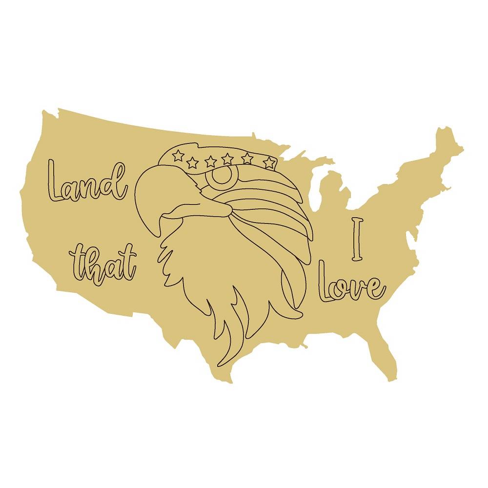 Design By Line United States Map MDF Cutout With Eagle And Land That I Love Script - Unfinished For DIY