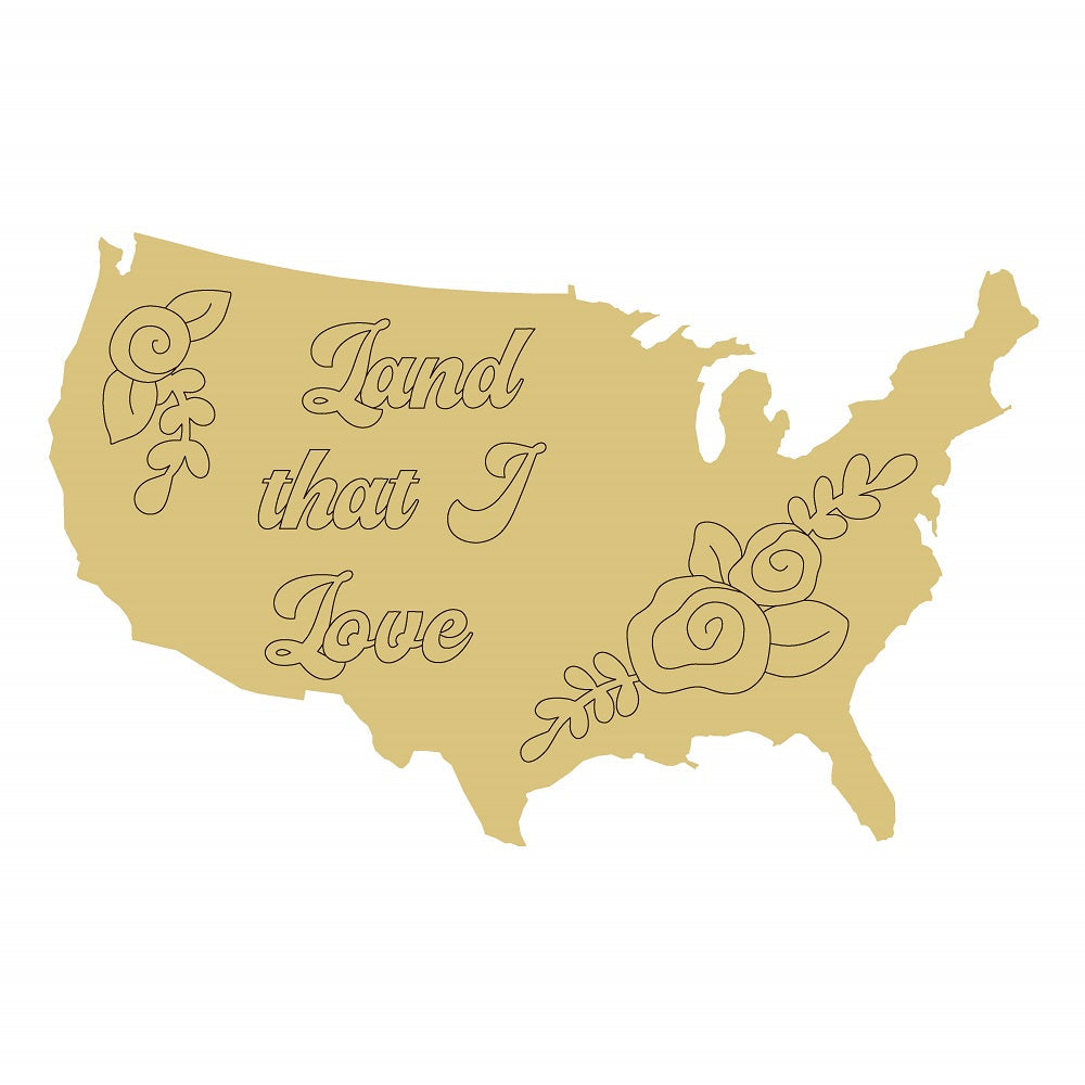 Design By Line US Map MDF Cutout Land That I Love Floral Script - Unfinished For DIY