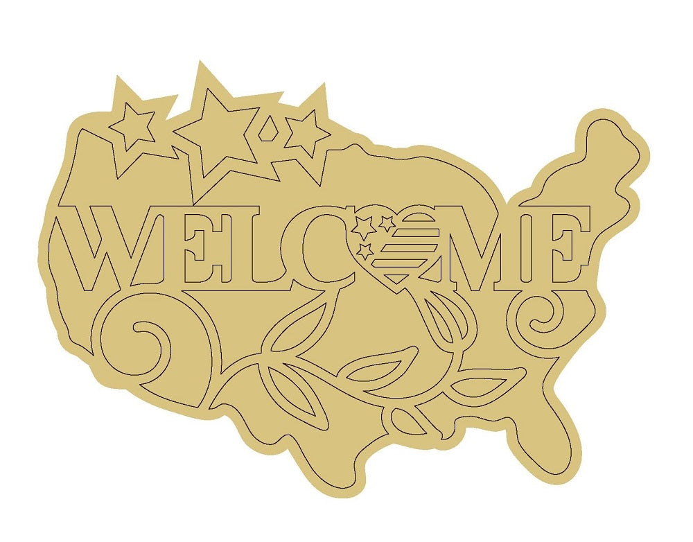 Design By Line United States MDF Cutout Welcome With Stars And Leaves - Unfinished For DIY
