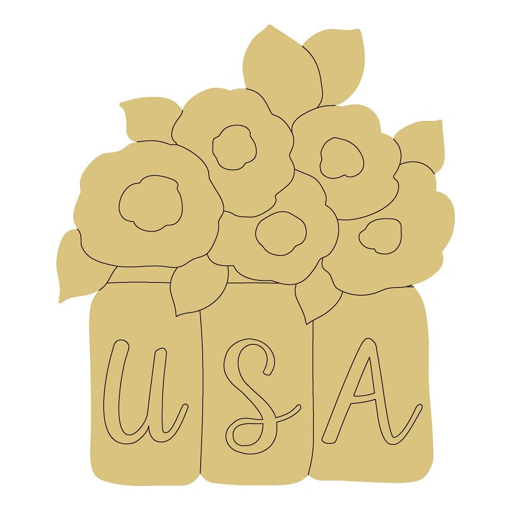 Design By Line Three Mason Jars MDF Cutout USA Flowers - Unfinished For DIY