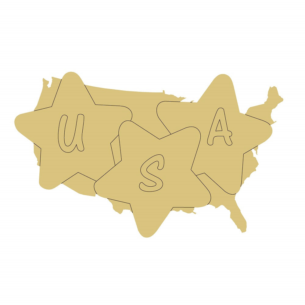 Design By Line United States MDF Cutout USA Letters On Stars - Unfinished For DIY