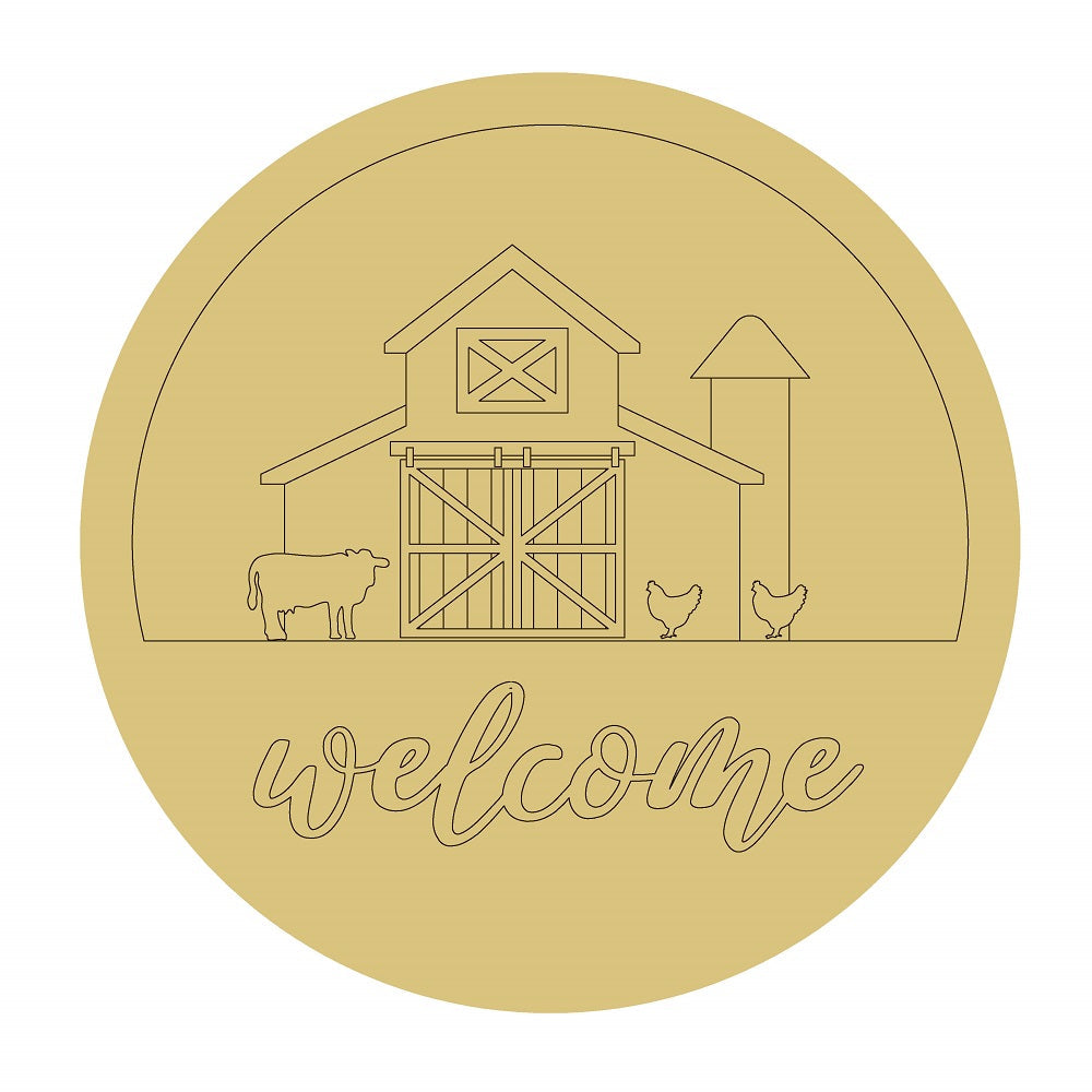 Design By Line Round MDF Cutout Welcome Barn Farm Scene With Cow And Chickens - Unfinished For DIY