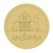 Design By Line Round MDF Cutout Welcome Barn Farm Scene With Cow And Chickens - Unfinished For DIY