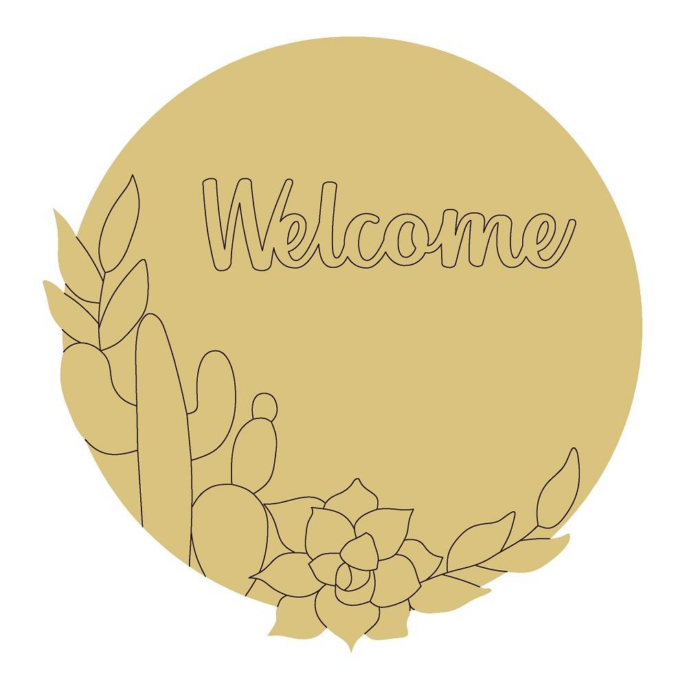Design By Line Round MDF Cutout Welcome with Cactus - Unfinished For DIY