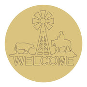 Design By Line Round MDF Cutout Welcome Farm Sign Windmill Scene - Unfinished For DIY
