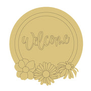 Design By Line Round MDF Cutout Welcome With Flowers - Unfinished For DIY