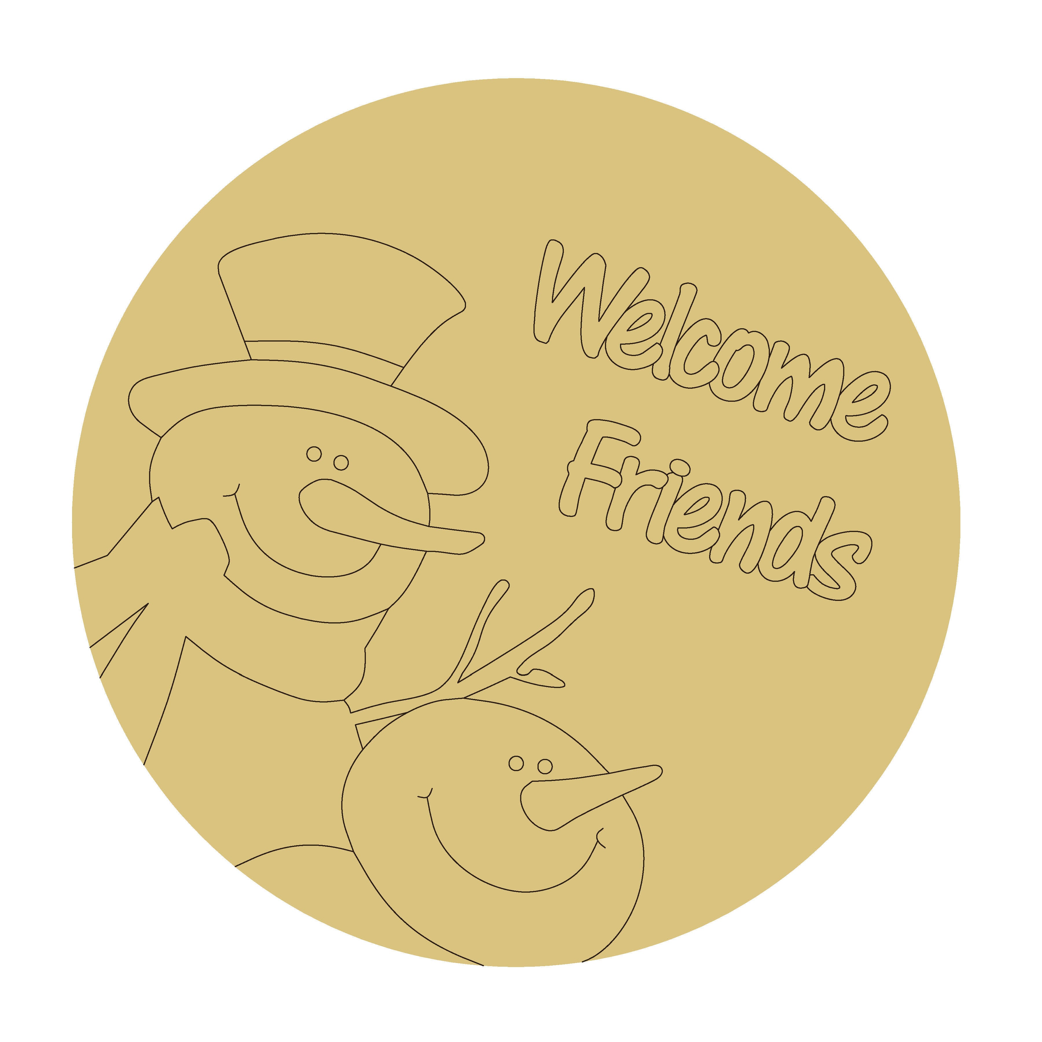 Design By Line Round MDF Cutout Welcome Friends Snowman Duo - Unfinished For DIY