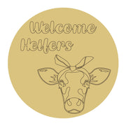 Design By Line Round MDF Cutout Welcome Heifers Cow Head With Bow - Unfinished For DIY