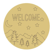 Design By Line Round MDF Cutout Welcome Mountain Forest Scene - Unfinished For DIY