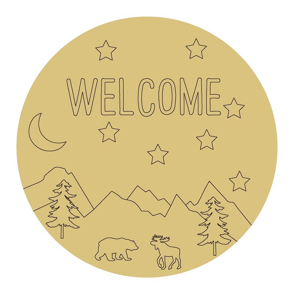 Design By Line Round MDF Cutout Welcome Mountain With Animals - Unfinished For DIY