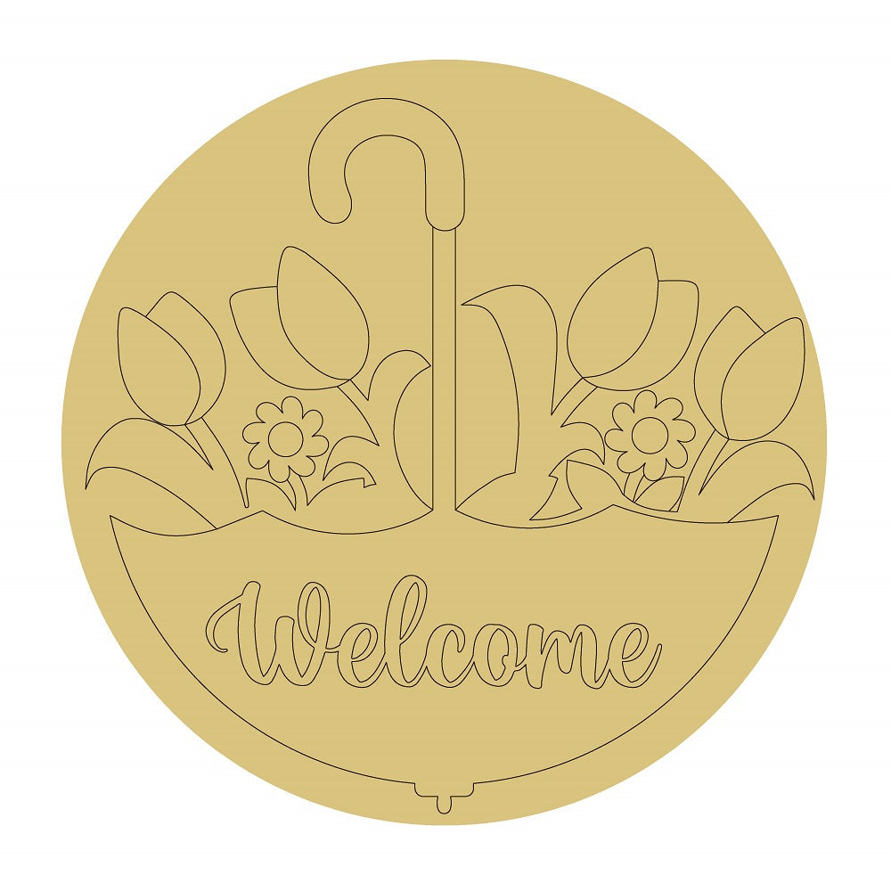 Design By Line Round MDF Cutout Welcome Umbrella With Flowers - Unfinished For DIY