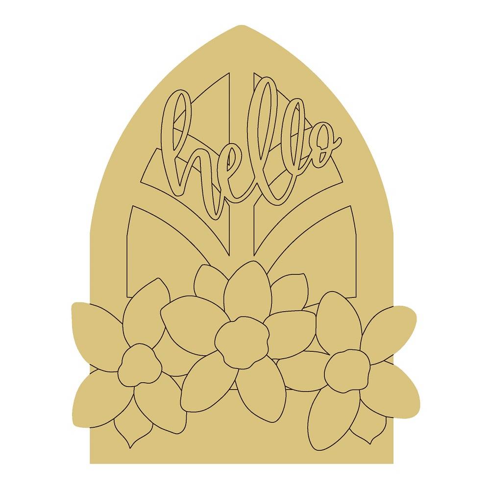 Design By Line Arched Window MDF Cutout Hello Floral Window - Unfinished For DIY