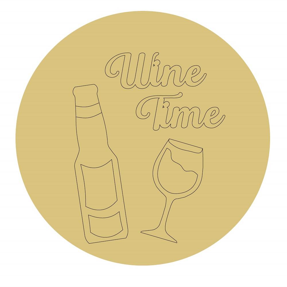 Design By Line Round MDF Cutout Wine Time Bottle And Glass Silhouette - Unfinished For DIY