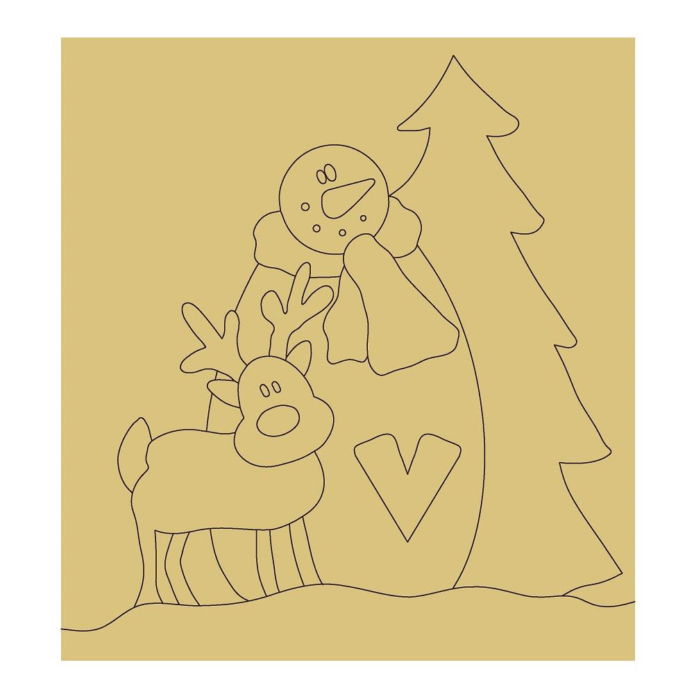 Design By Line Winter Scene MDF Cutout Snowman With Reindeer And Pine Tree Silhouette - Unfinished For DIY